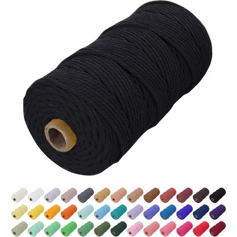 Corde Macramé 2mm x 200m, Fil Macramé Coton Ficelle Cordon Naturelle, Cordelette 2mm pour Tenture Murale, Porte Plante Mural, Rideau, Décoration Bohème (Noir) (1/4)