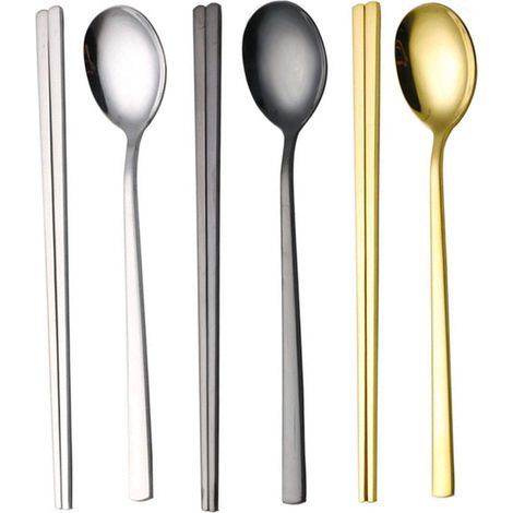 Lot de 3 baguettes et cuillères réutilisables (argenté+doré+noir) en acier inoxydable à long manche plat carré et couverts à cuillère. (1/5)