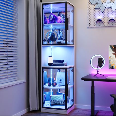 Vitrina LED de 205 cm con puertas dobles de cristal y fondo de espejo, blanca, OKWISH (1/5)