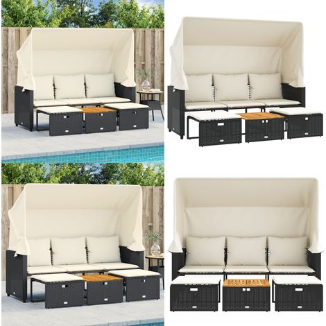 Outdoor-Sofa 3-Sitzer mit Dach und Hockern Schwarz Poly-Rattan - Gartensofa - Outdoor-Sofa - Lounge Set - Rattan Möbel - Gartenmöbel - Home & Living (1/5)