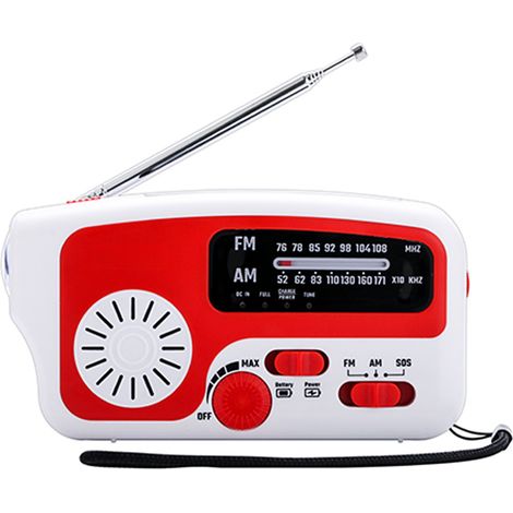 Radio portable AM/FM RD-639, radio d'urgence solaire d'extérieur avec manivelle, lampe torche LED, alarme SOS, batterie 1200 mAh et sortie USB. (1/5)