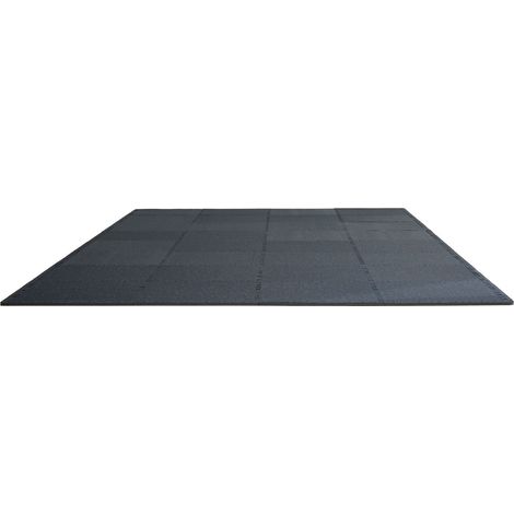 Tapis de sol de gym 0,56 pouce d'épaisseur, 12 dalles caoutchouc avec mousse EVA, 25" x 25", 48 pi², puzzle verrouillable pour salle, maison, garage, noir et bleu. (1/5)