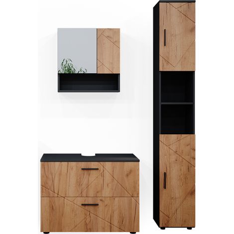 Set mobili bagno Irma, Quercia dorata/antracite, 3 parti, con cassettiera e colonna, Vicco