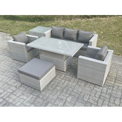 Fimous Rattan Gartenmöbel Set mit Sofa, Höhe verstellbar Esstisch und Hocker,Sessel,Beistelltisch,Outdoor Terrassen Essgruppe 6-teilige Sitzgruppe Helles Grau (1/5)