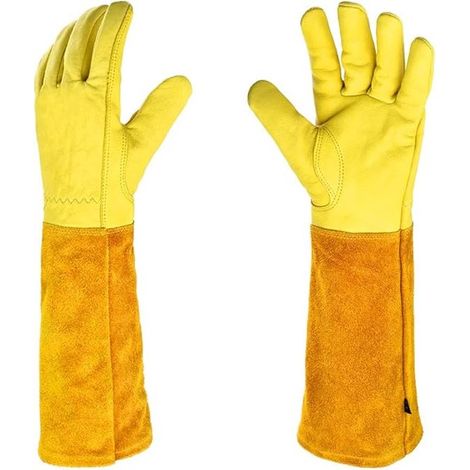 1 par guantes jardinería, piel vaca resistente espinas, guantes jardinería cuero largos, resistentes espinas cortes, guantes amarillo, talla XL (1/5)
