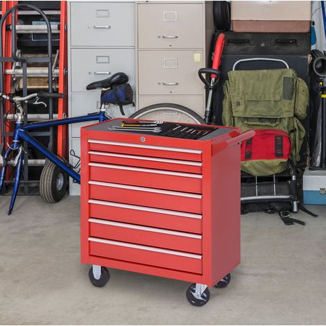 Chariot à outils mobile à 7 tiroirs verrouillables, avec frein, structure métal rouge, 150 kg max, rangement atelier pratique - CHICFURN (1/5)