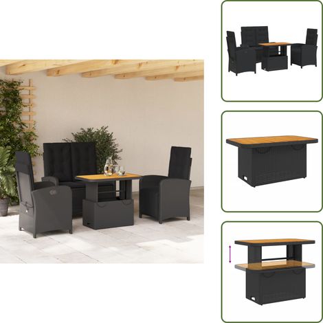 Sillas reclinables - vidaXL Juego comedor jardín 4 piezas con cojines ratán sintético negro - Banco reclinable