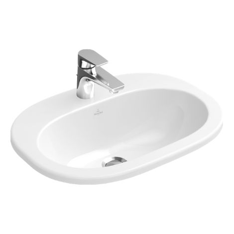 Lavabos encastrables, 560 x 405 mm, Ovalado, para grifería de 3 orificios, orificio central perforado, con rebosadero, Porcelánico sanitario, NF (1/4)