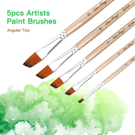 Lot de 5 pinceaux à pointe angulaire poil nylon manche bois pour artistes enfants adultes débutants peinture acrylique huile aquarelle gouache ongle corps visage détail art loisirs créatifs