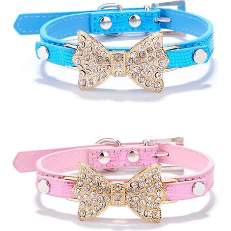 Katzenhalsbänder (Rosa + Blau, 37 1,5 cm) mit funkelndem Diamantknoten, verstellbares Halsband für Kätzchen, Papillo-Knotenhalsbänder (1/5)