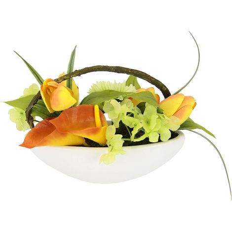Arrangement de Fleurs artificielles en Soie Tulipe Calla Hortensia Gerbera dans Un Bol Fleur en Soie comme véritable décoration de Table de Mariage, fête, Cadeau Fleurs artificielles