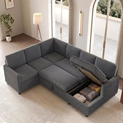 Mobliva Canapé-lit d'angle moderne en forme de U avec fonction couchage, canapé-lit gigogne, tissu velours côtelé épais, méridienne avec espace de rangement, gris, 220×274×85 cm (1/5)