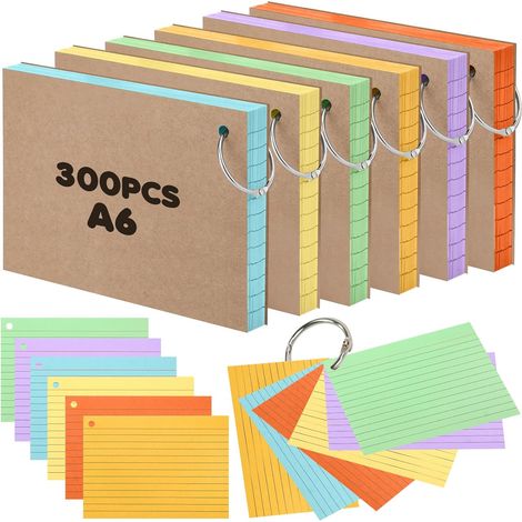 Fiches Bristol A6 Lignées, 300 Cartes d’index Couleurs avec 6 Anneaux de Reliure, Fiches de Qualité Supérieure pour Notes, Entraînement au Vocabulaire, Formules et Préparation aux Examens (1/5)