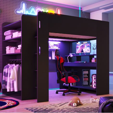 Lit mezzanine adulte 140x200 cm avec bureau, armoire ouverte, rangements, LED et USB, bois noir pour chambre (1/5)