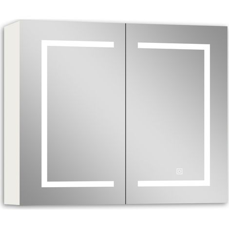 Acezanble Armoire de Toilette 80 x 70 cm avec 2 Portes Miroir LED  Éclairage 3 Couleurs, Anti-Buée et Prise Rasoir  Blanc