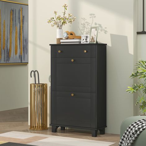 Schmaler Schuhschrank für den Eingangsbereich mit Klappschubladen und verstellbarem Einlegeboden, 60 x 23,5 x 98,5 cm, schwarz