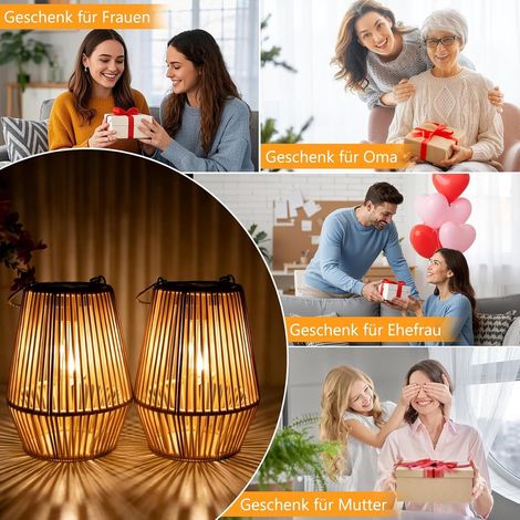 Lot de 2 lampes solaires suspendues en rotin tressé à la main pour l'extérieur - Étanchéité IP65 - Cadeau idéal pour femme, mère, grand-mère - Lanterne solaire pour jardin, balcon, pelouse - Marron - (1/5)