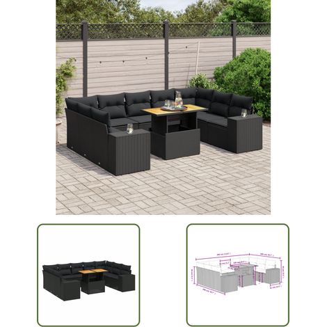 The Living Store 10-tlg. Garten-Sofagarnitur mit Kissen Schwarz Poly Rattan - Gartenmöbel Set - PE-Rattan Möbel - Outdoor Lounge - Gartenlounge - Terrassenmöbel (1/3)