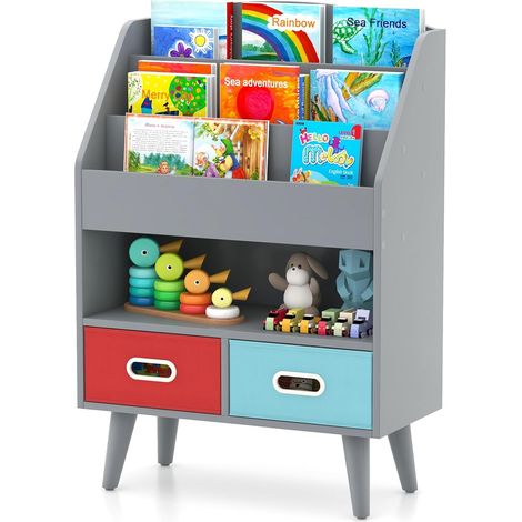 COSTWAY Libreria per Bambini, Scaffale in Legno per Bambini con 3 Ripiani, Scomparto Aperto e 2 Cassetti in Tessuto Pieghevoli, Organizzatore per Giocattoli, 63x30x97 cm (Grigio) (1/5)