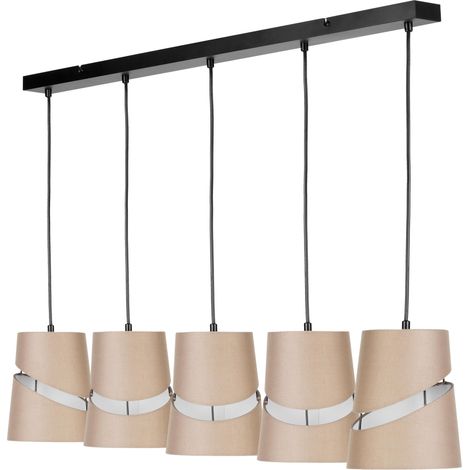Suspension à 5 ampoules E27. Plafonnier de salon (L x l x H) 96 x 16 x 120 cm - suspension réglable. Abat-jours Ø 16 cm, beige (1/5)