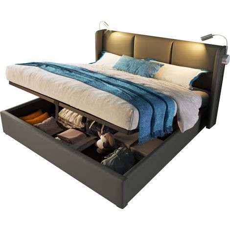 Stauraumbett Doppelbett 160 x 200 cm aus PU mit Leselampe und USB, ohne Matratze, Grau (1/5)