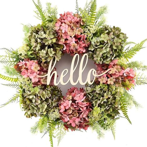 Corona de flores, Hortensias artificiales, 45 cm, Estilo rústico, Puerta principal, Decoración de boda para interiores/exteriores (1/5)