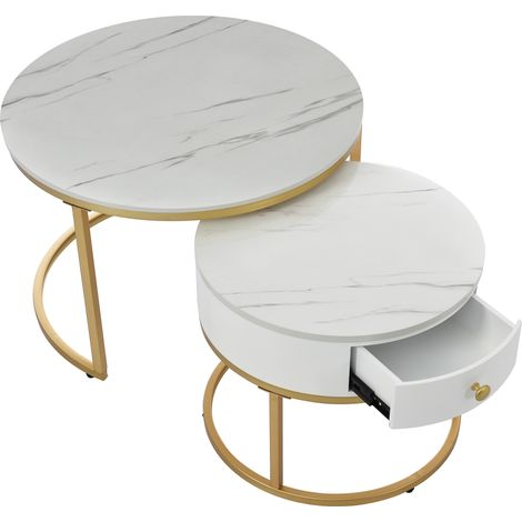Set 2 tavolini da salotto rotondi effetto marmo bianco lucido in MDF con struttura metallica dorata (1/5)