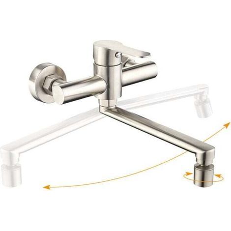 Wall-Mounted Kitchen Faucet, Sink Mixer Tap with 2 Jets, 360° Swivel Kitchen Mixer Tap, Brushed Steel Sink Faucet (1/4)