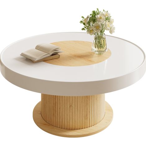 CHICFURN Table basse ronde à plateau bicolore blanc et aspect bois, pied cylindre rainuré, base stable, meuble compact pour salon, petite pièce, 75 cm, MDF PVC (1/5)