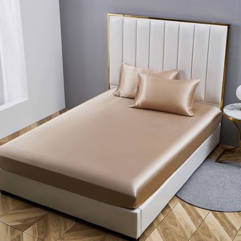 Drap-housse 100 x 200 cm Beige satiné et soie brillant Drap housse Couleur unie Convient pour les matelas jusqu'à 30 cm (1/5)