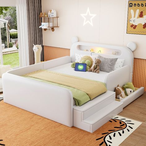 Lit enfant 140x200 cm avec rangement, veilleuse et port USB, lit capitonné avec tête de lit ours, simili cuir blanc pour garçon et fille (1/5)