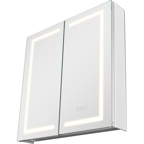 Mophorn Beleuchteter Medizinschrank mit Spiegel (65 x 65 cm), geeignet für Einbau- oder Wandmontage, LED-Badezimmerschrank mit dimmbarer 3-Farben-Beleuchtung, HD-Spiegel