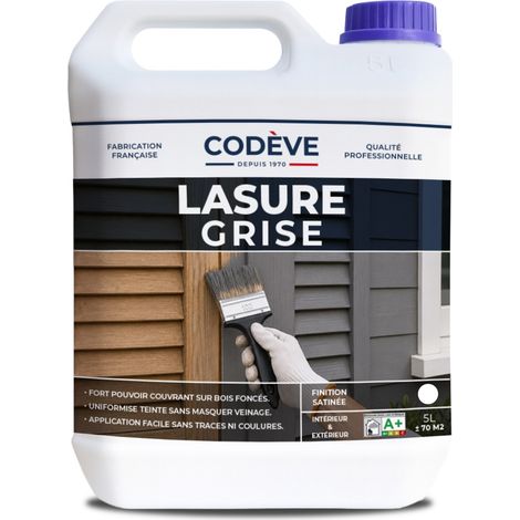 Codève Bois – Lasure grise 5 L – Finition satinée pour bois – Séchage rapide 30 min – Rendement jusqu'à 17 m²/l – Pour volets et bardages (1/5)
