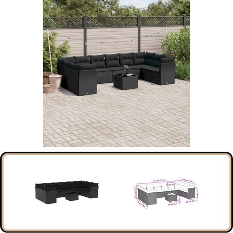 11-tlg. Garten-Sofagarnitur mit Kissen Schwarz Poly Rattan - Gartenmöbel - Esstischgarnitur - Outdoor Möbel - Lounge Set - Rattan Sofa