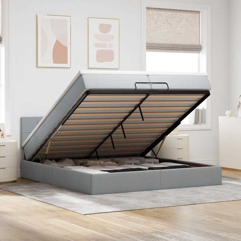 Ottoman-Bett mit Matratzen & LEDs Hellgrau 200x200 cm Stoff (1/5)