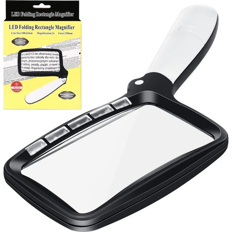 Lupa de lectura rectangular con iluminación, 3 aumentos, 5 luces LED, 2 modos de intensidad, ideal para personas mayores, niños, aficionados, manualidades y relojeros.