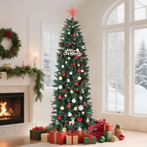 Sapin de Noël artificiel pré-illuminé crayon 230 cm - 800 pointes PVC, silhouette étroite - 360 LED blanc chaud + RGB, 9 modes - Support métal pour maison/bureau - Couleur : 7.5FT (Europe) (1/5)