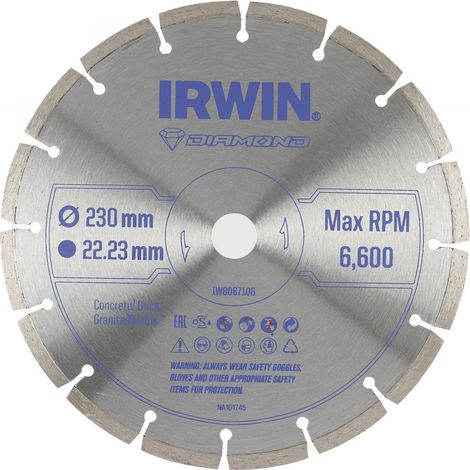 DISCO DIAMANTATO IRWIN 230 mm x 22,23 mm SEGMENTATO PER CEMENTO, MATTONI, GRANITO E MARMO (1/2)