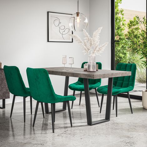 Aria Dining Table And Chairs - Grey Table Top w Black Legs + Nova Velvet Dining Chair Set Of 6 (Green) (1/5)