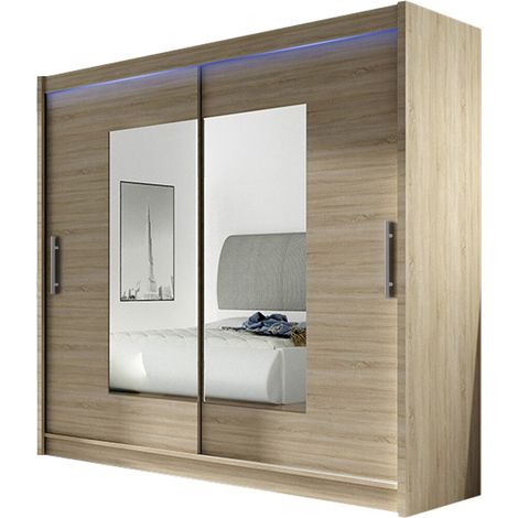 Armoire Closico 106, Sonoma chêne, 215x180x58cm, Portes d'armoire: Coulissantes, Nombre d'étagères: 5, LED (1/4)
