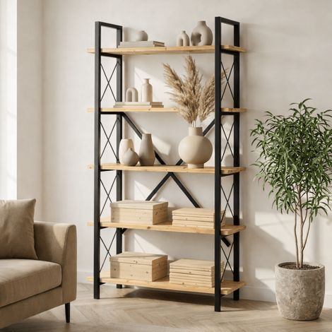 Industrielles Bücherregal aus Eichenmelamin Ely – schwarzer