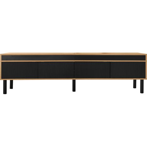 Meuble TV avec 4 portes en MDF noir et bois naturel, 170 x 38 x 47 cm (1/5)