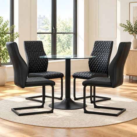 Set tavolo e sedie con tavolo rotondo in vetro temperato 85 cm e 4 sedie nere DESVIAE (1/5)