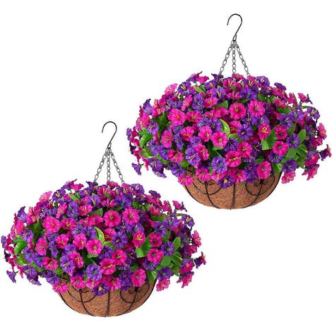 Fleurs artificielles suspendues avec panier – Résistantes aux UV – pour porche ou terrasse – Lot de 2 (1/5)