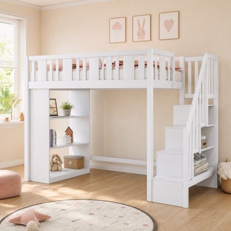 Cama alta infantil 90x200 cm, con escalera de seguridad, 3 compartimentos, madera, blanco (1/5)