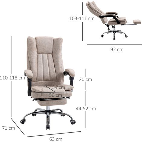 Fauteuil de travail orientable avec dossier inclinable et repose-jambes, hauteur ajustable, revêtu de microfibre, dimensions 63x71x110-118 cm, idéal pour un usage professionnel confortable. (1/5)