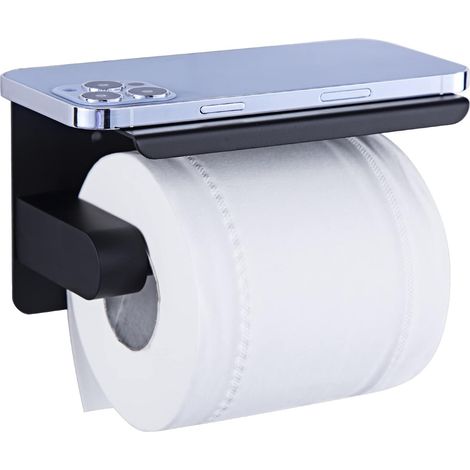 Porte Papier Toilette, Support Papier Rouleau sans Percage Derouleur Papier WC,Distributeur Papier avec Tablette, Acier INOX SUS 304, Colle Auto-adhésive et Mural pour Salle de Bain (Noir) (1/5)