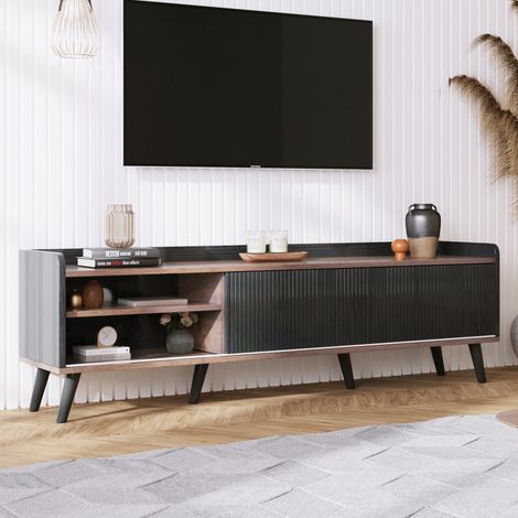 ELVMI Meuble TV avec 2 Portes Coulissantes et 2 Tiroirs pour Salon en Panneaux de Particules 160×40×58 cm Noir (1/5)