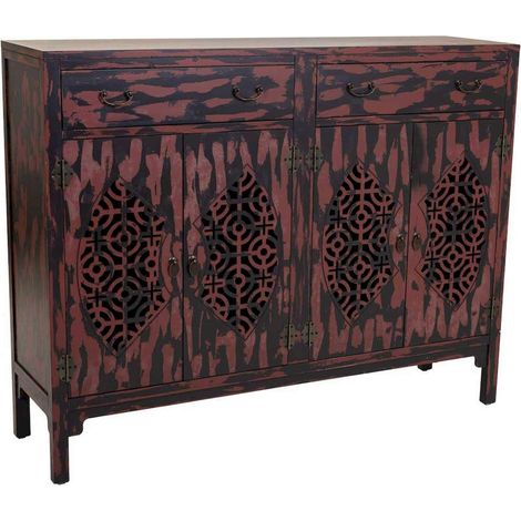 buffet bois noir et rouge style antique avec portes ajourées - rouge antique et noir patiné (1/5)