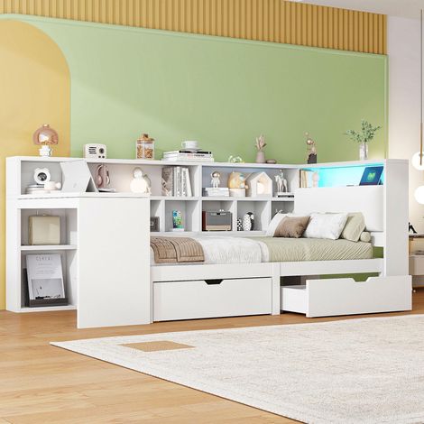 Lit plateforme en bois en forme de L (90x200cm) avec bureau et bibliothèque, lit capitaine d'angle avec tête de lit capitonnée, tiroirs sous le lit, éclairage LED - Blanc, garantie 2 ans